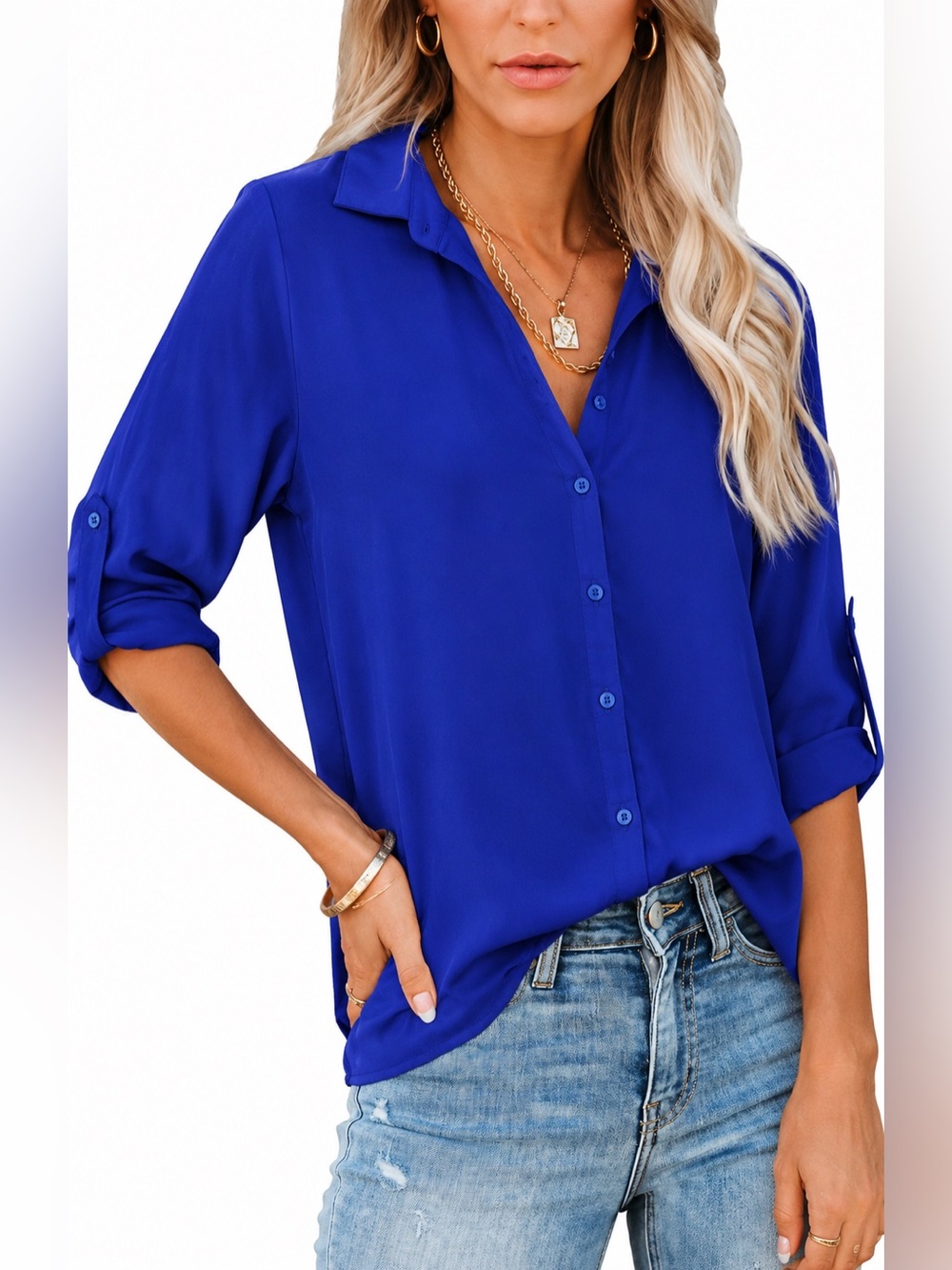 Sunshine + Sky Royal Blue Button Front Blouse Roll Tab Sleeve Top Medium